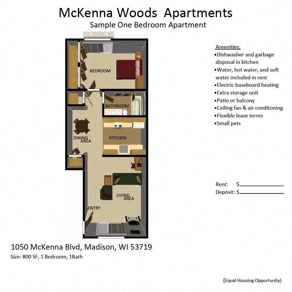 Floor plan for 1 bed, 1 bath, 800 sqft